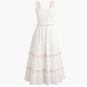 J.CREW Factory Midi Dress White Peach Scalloped Trim Pockets Cotton Size 14 NWOT